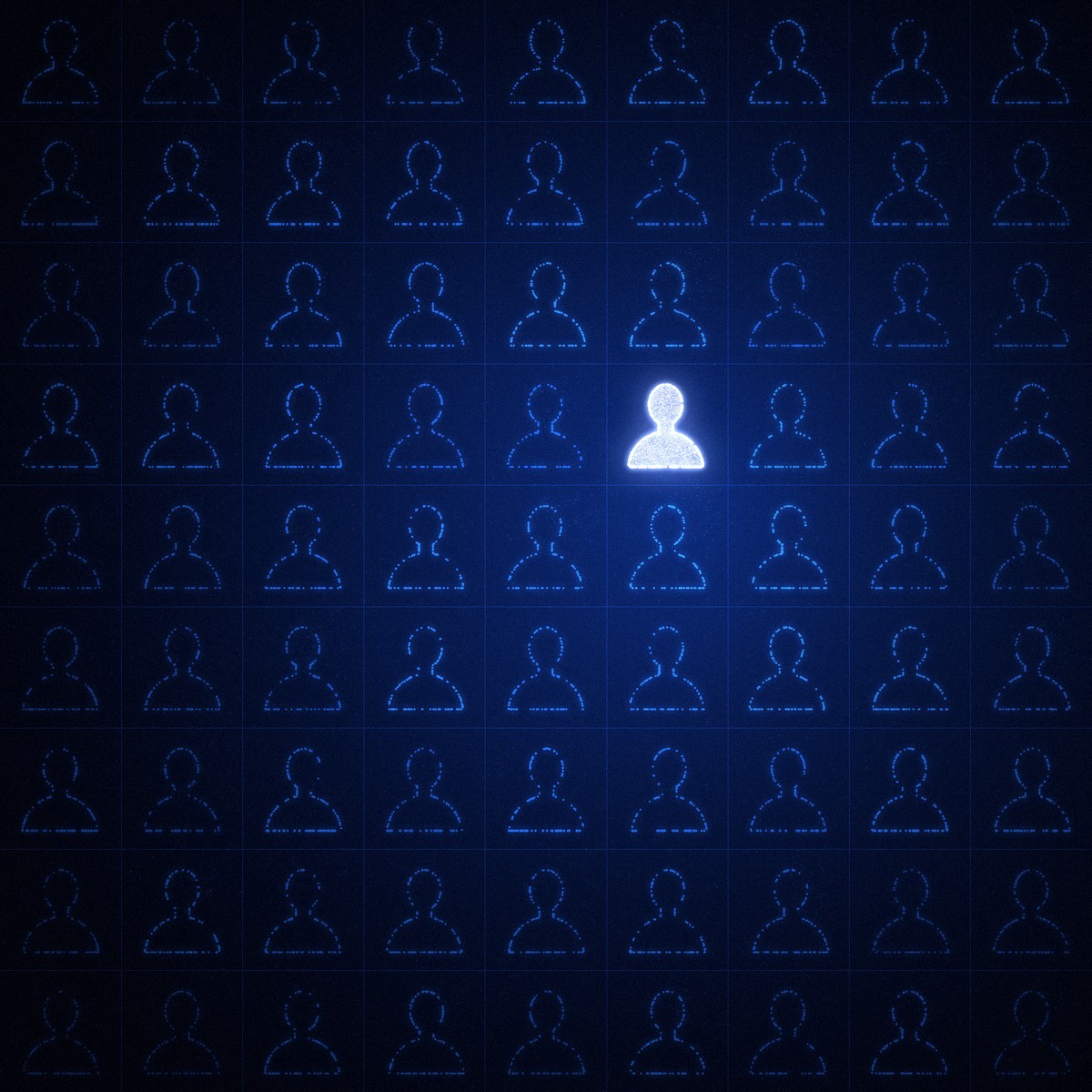 A grid of outlined user icons with one glowing real person